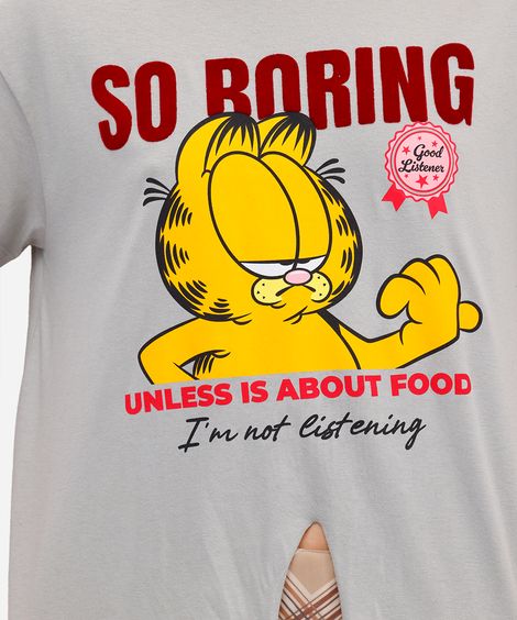 camiseta feminina de algodão garfield texturizada com amarração cinza