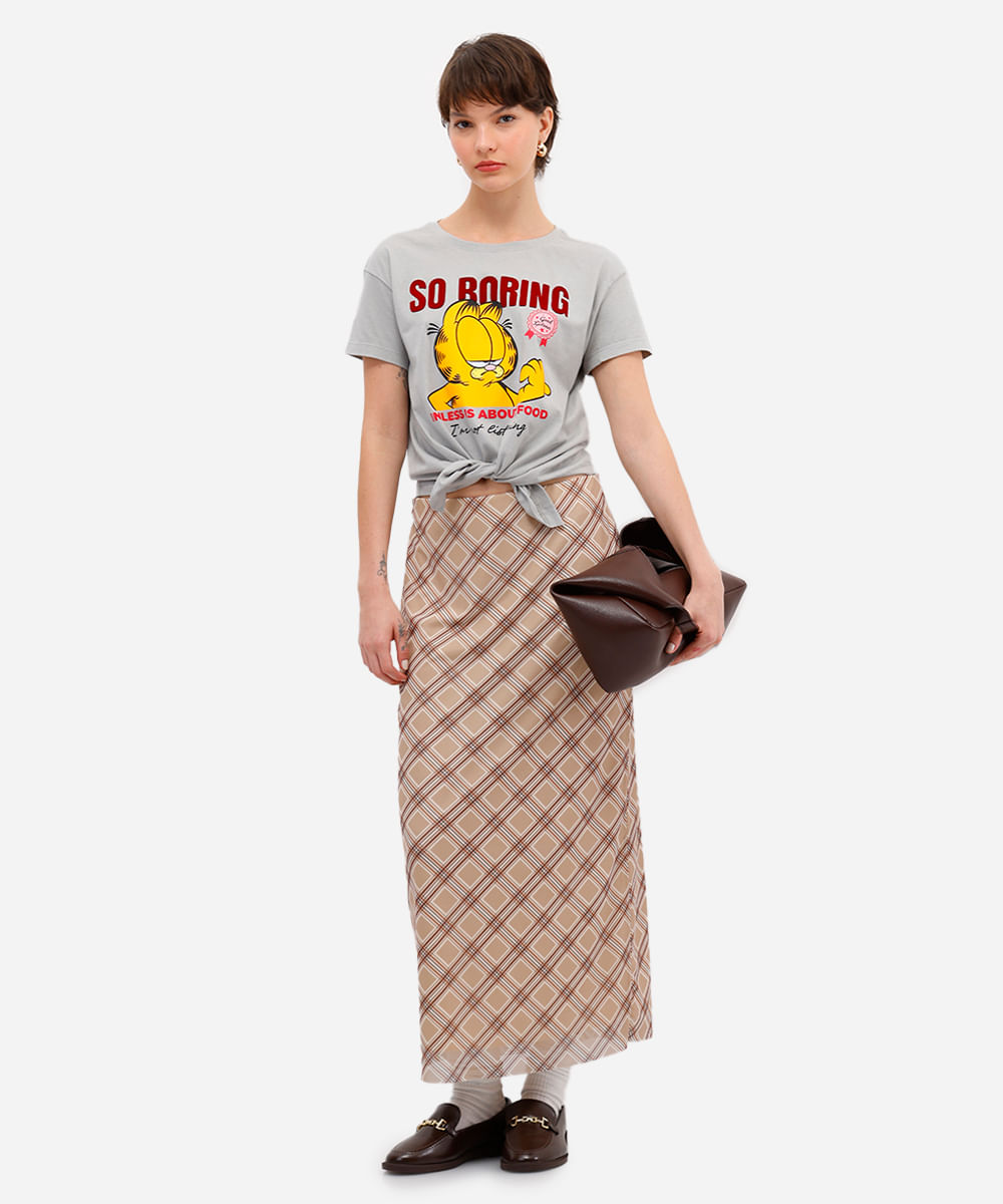 camiseta feminina de algodão garfield texturizada com amarração cinza