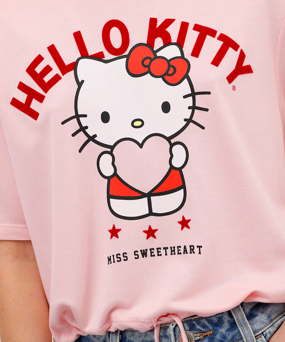 camiseta feminina de viscose hello kitty com amarração rosa