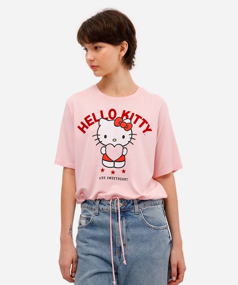 camiseta feminina de viscose hello kitty com amarração rosa