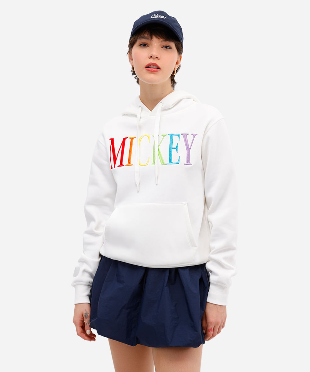 blusão feminino de moletom felpado mickey com capuz off white