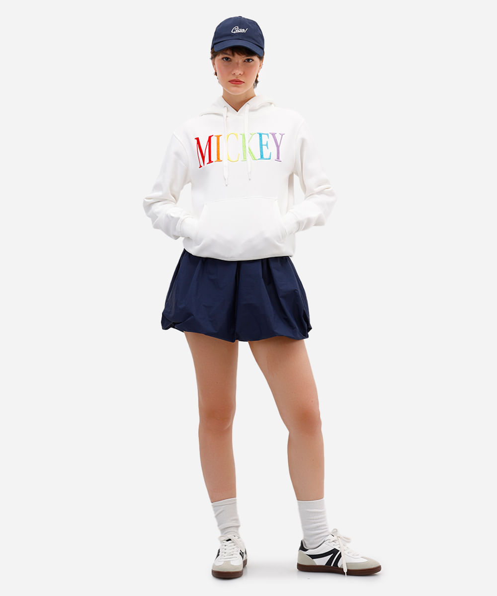 blusão feminino de moletom felpado mickey com capuz off white