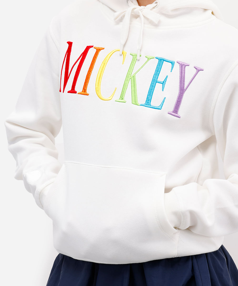 blusão feminino de moletom felpado mickey com capuz off white