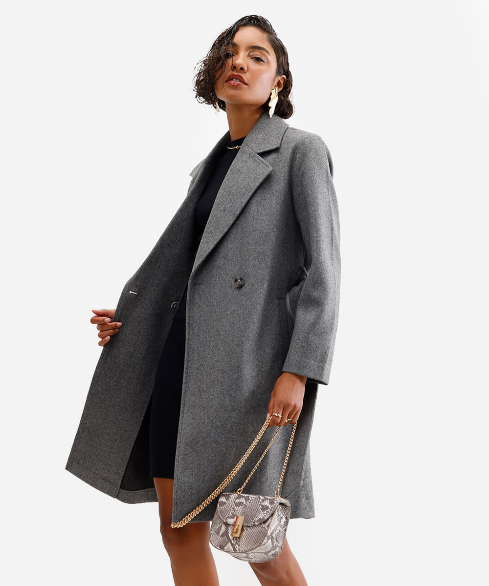 casaco trench coat feminino alongado cinza