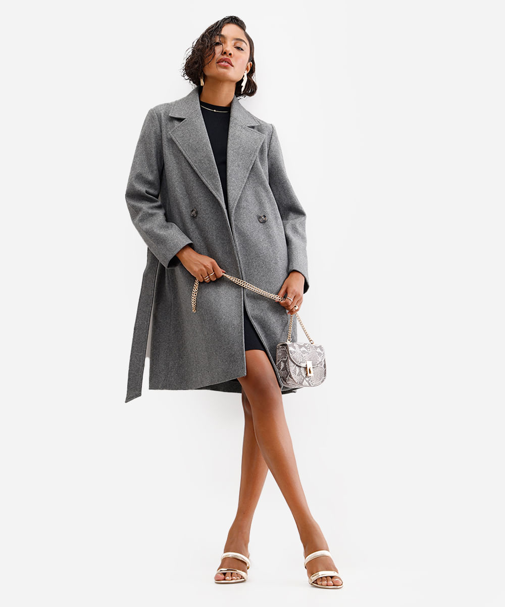 casaco trench coat feminino alongado cinza