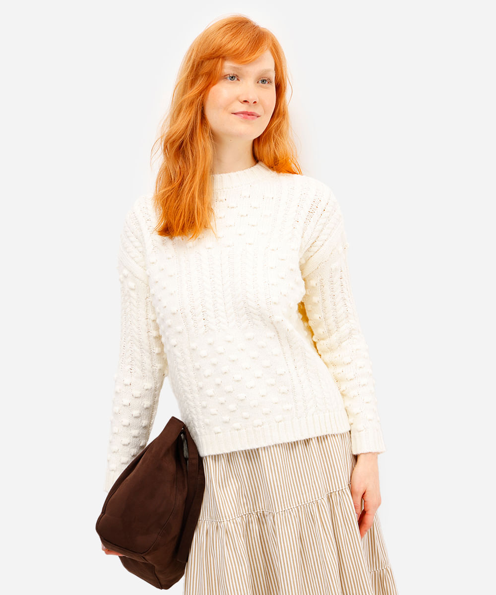 suéter feminino de tricot texturizado off white
