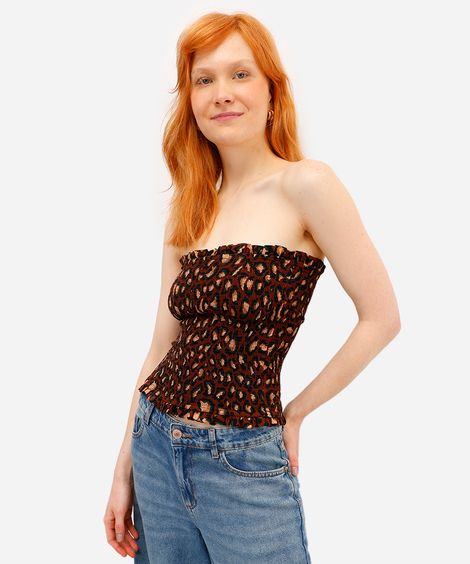 blusa feminina sem alça de viscose franzida animal print marrom