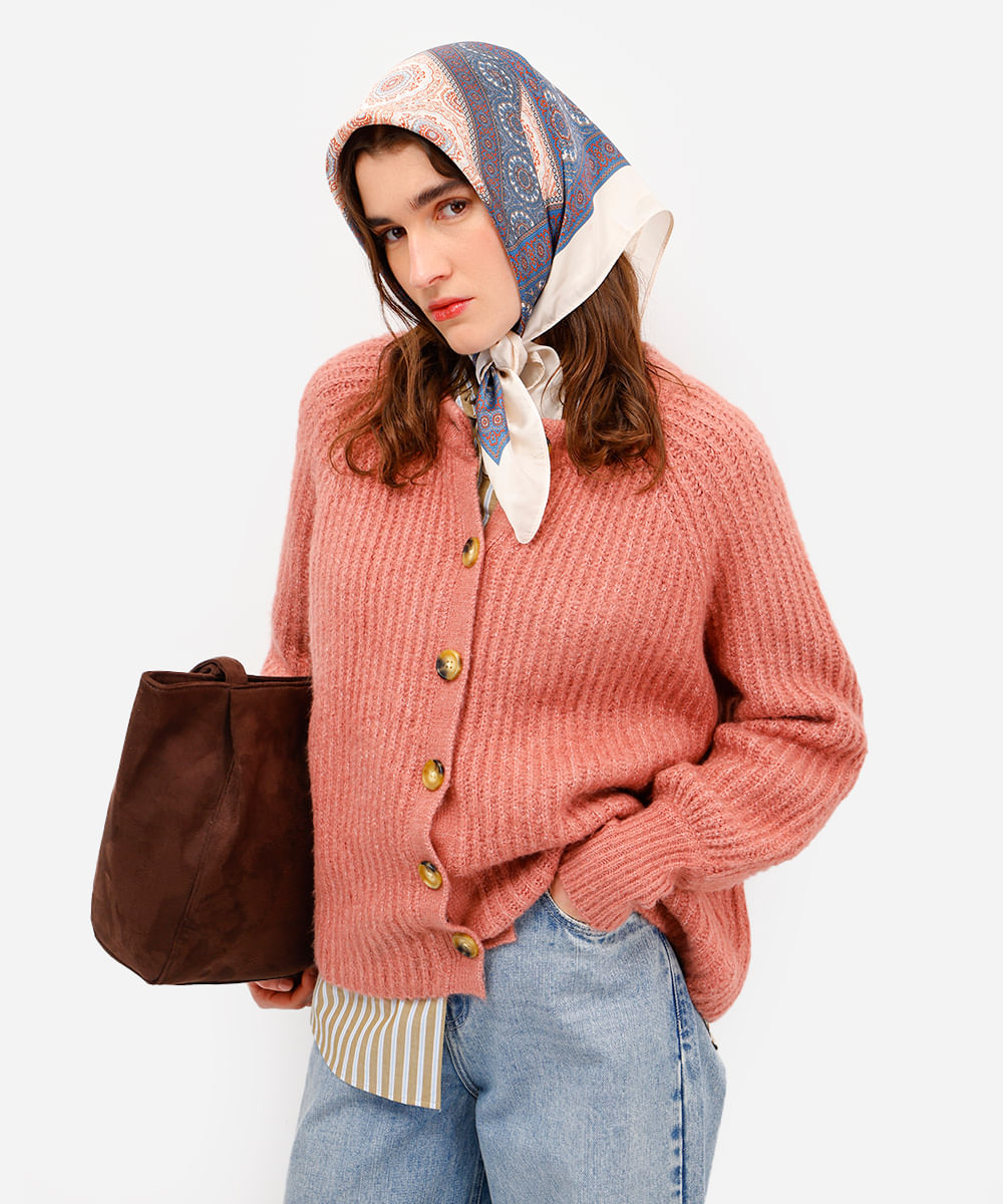 cardigan feminino de tricot texturizado rosa
