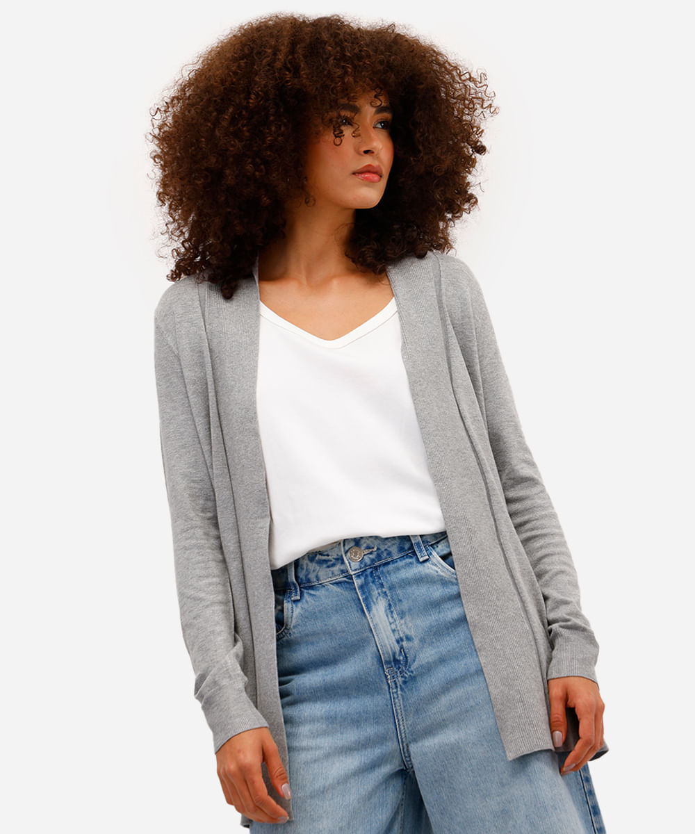 cardigan feminino de tricô detalhe canelado cinza