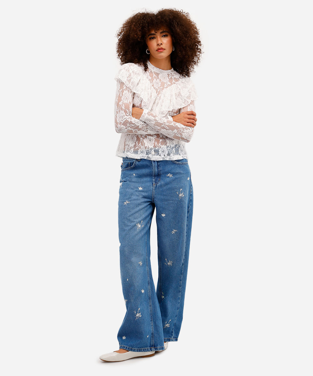 calça wide leg feminina jeans bordado floral azul