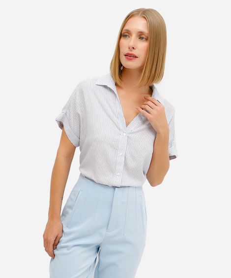 camisa feminina de viscose manga curta listrada azul
