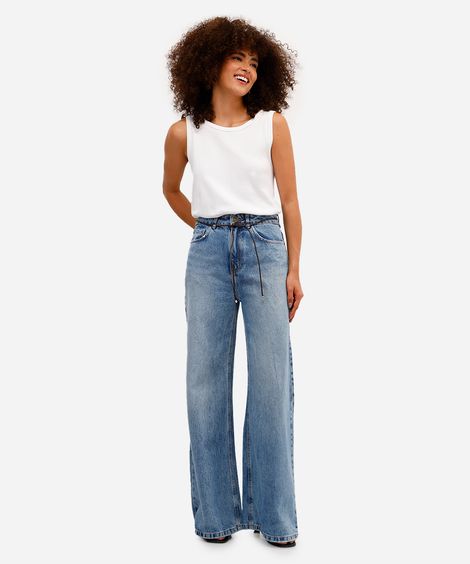 calça wide leg feminina jeans com cinto azul