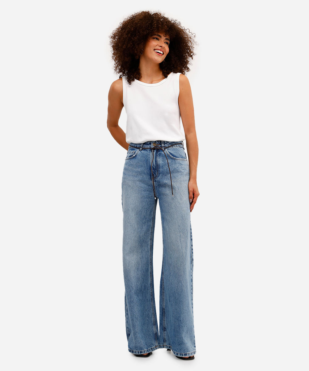 calça wide leg feminina jeans com cinto azul