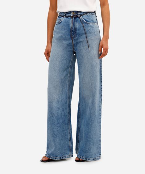 calça wide leg feminina jeans com cinto azul