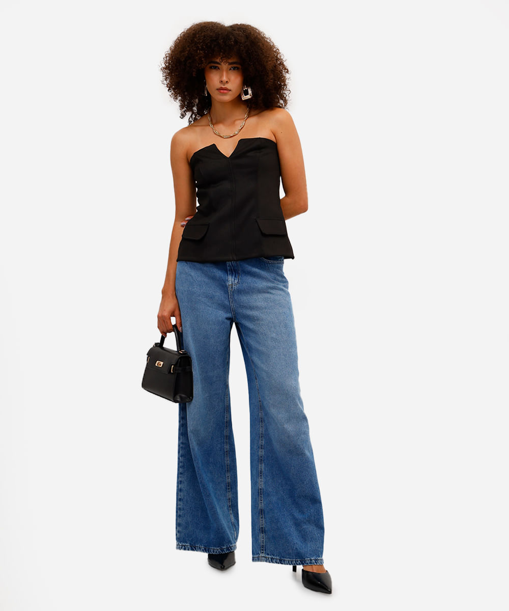 blusa sem alça feminina com recortes preta