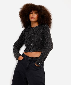 jaqueta feminina jeans com brilhos preta