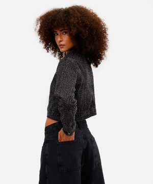 jaqueta feminina jeans com brilhos preta