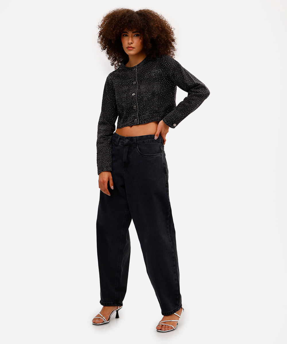 jaqueta feminina jeans com brilhos preta