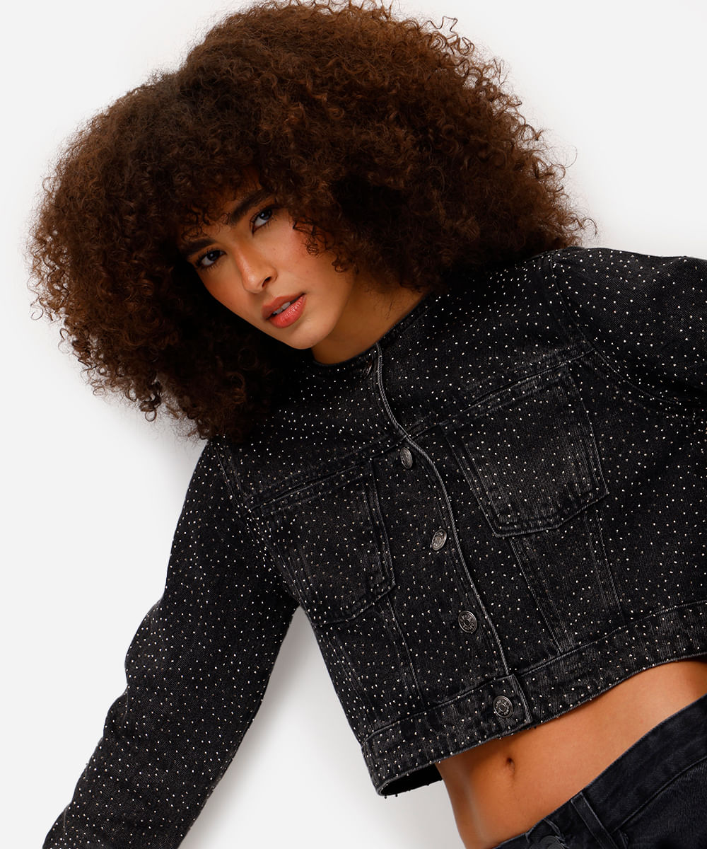 jaqueta feminina jeans com brilhos preta