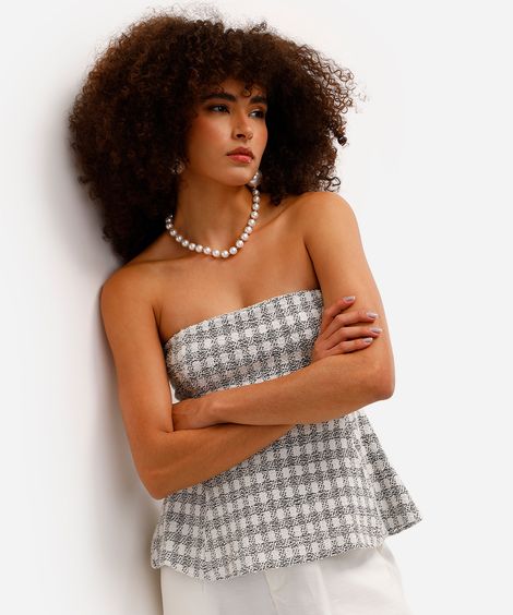 blusa peplum feminina sem alça de tricot xadrez off white