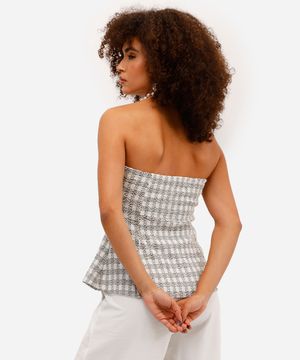 blusa peplum feminina sem alça de tricot xadrez off white