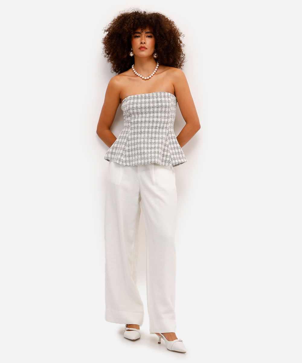blusa peplum feminina sem alça de tricot xadrez off white
