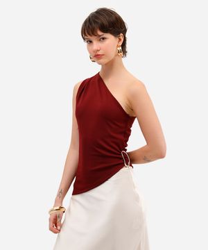 blusa ombro único feminina assimétrica vinho