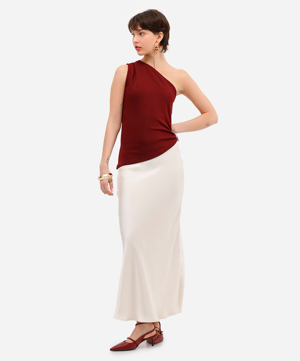 blusa ombro único feminina assimétrica vinho