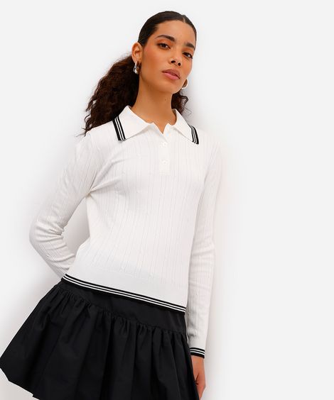 polo feminina de tricot texturizada off white