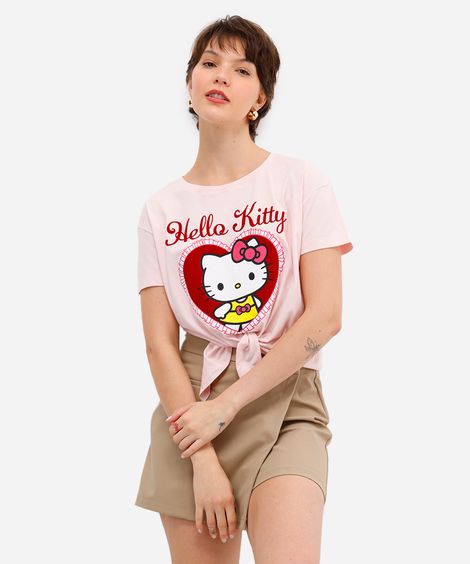 camiseta feminina de algodão hello kitty texturizada com amarração rosa