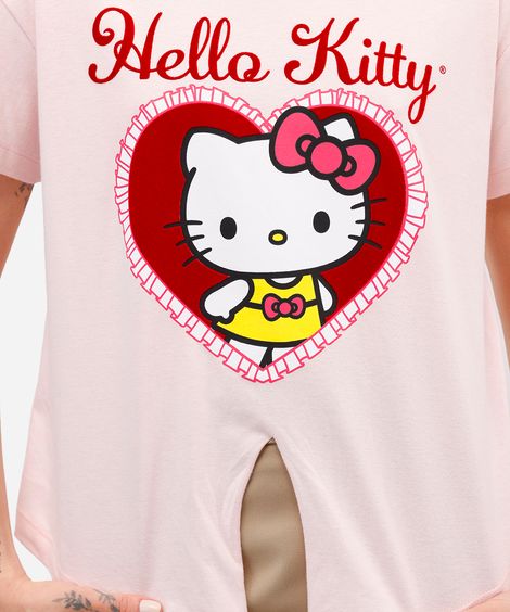 camiseta feminina de algodão hello kitty texturizada com amarração rosa