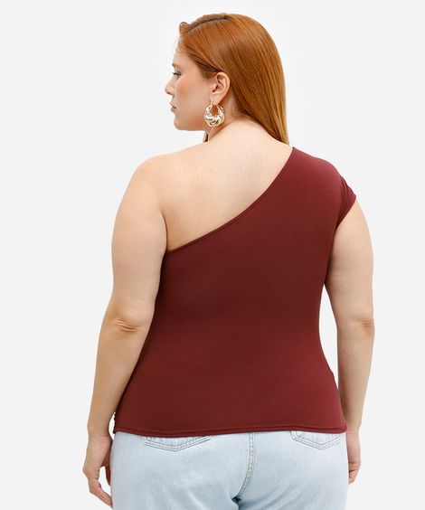 blusa ombro único com franzido plus size mindset vinho