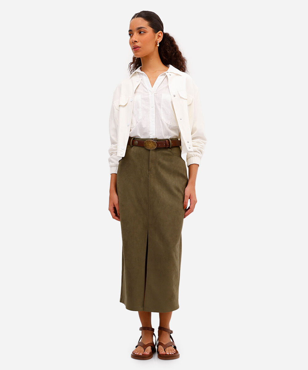 saia midi feminina de suede com fenda verde