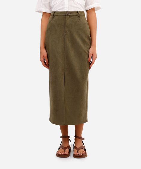 saia midi feminina de suede com fenda verde