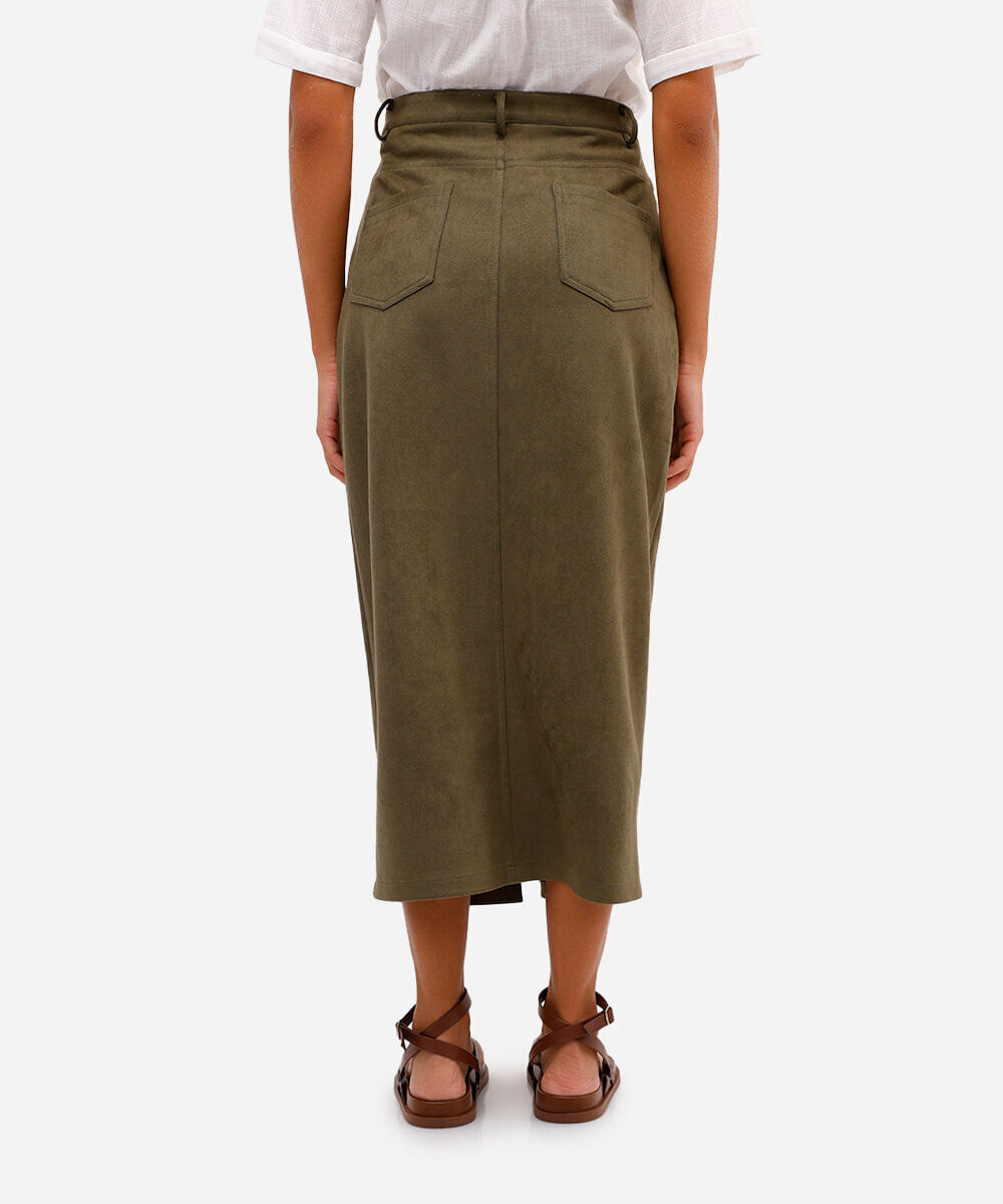 saia midi feminina de suede com fenda verde