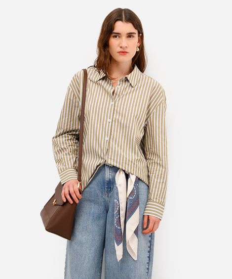 camisa oversized feminina de algodão listrada marrom