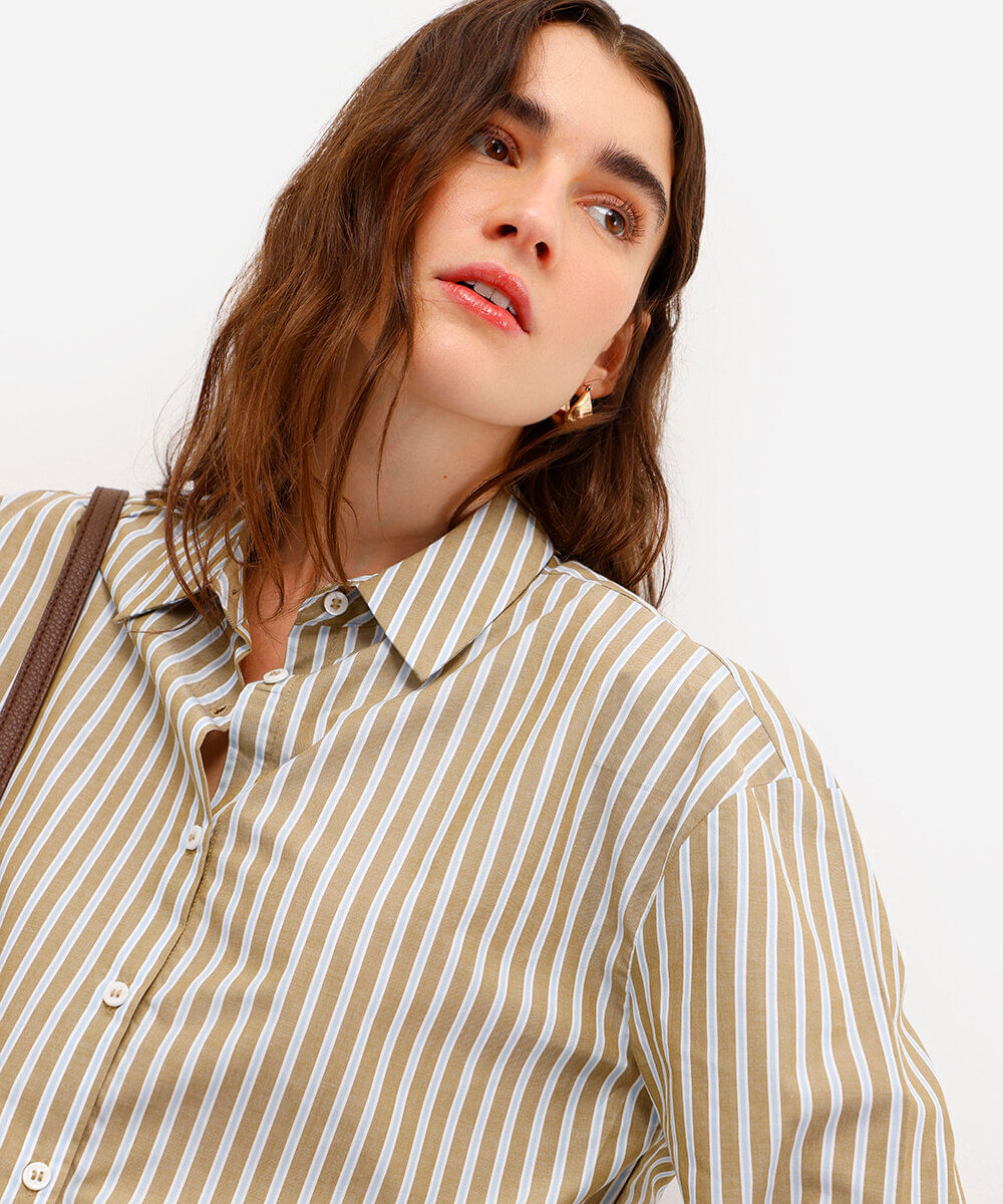 camisa oversized feminina de algodão listrada marrom