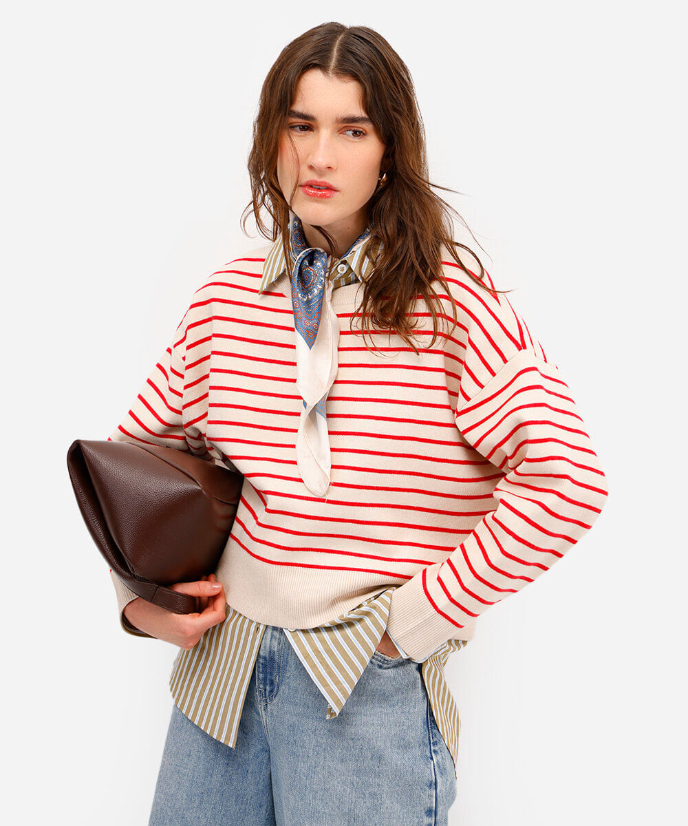 suéter feminino de tricot listrado vermelho