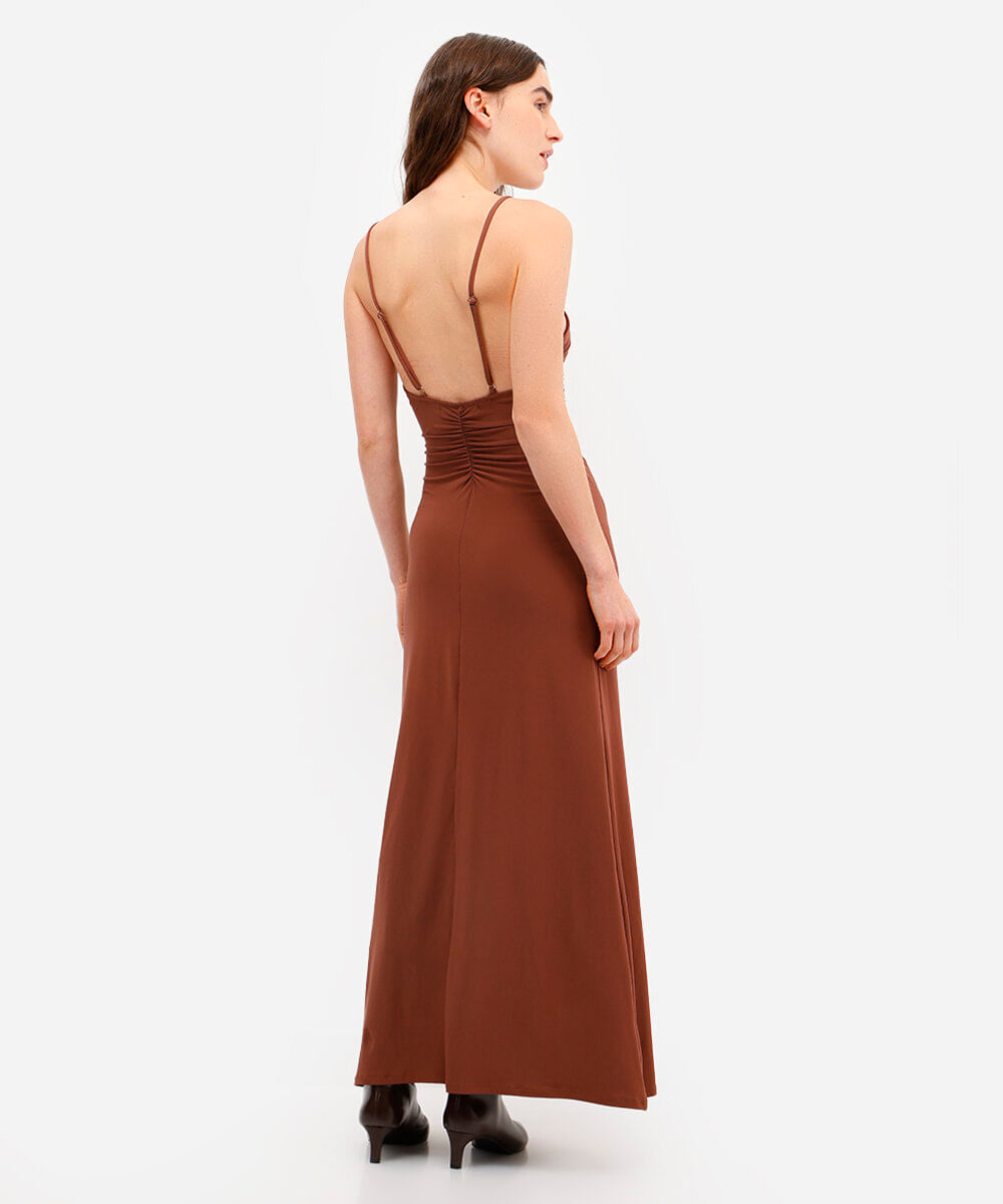 vestido longo feminino franzido alça fina marrom