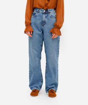 calça reta feminina jeans cintura alta azul