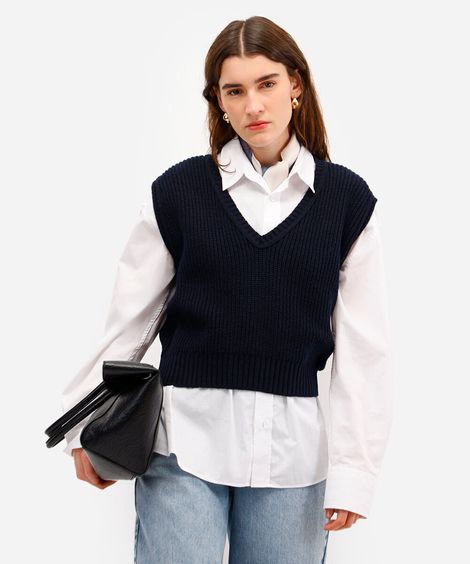 colete de tricot decote v azul