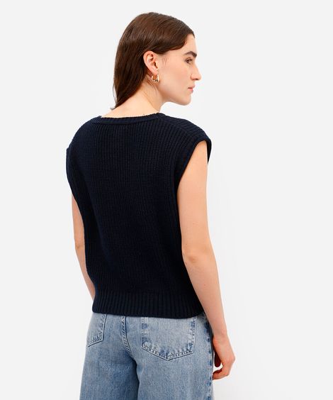 colete de tricot decote v azul