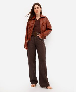 calça wide leg slim feminina jeans cintura alta marrom