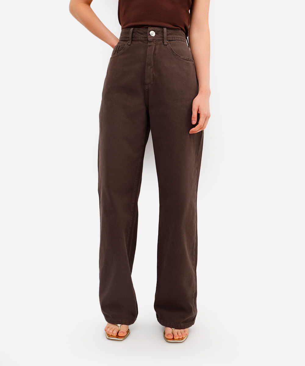 calça wide leg slim feminina jeans cintura alta marrom