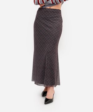 saia midi feminina de tule xadrez colorido