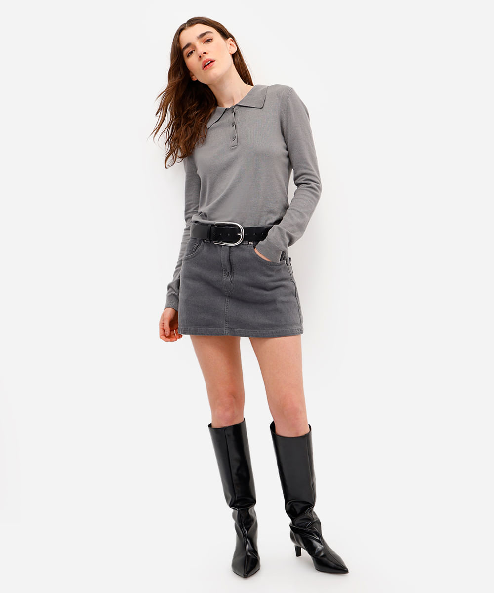 short saia feminino jeans cintura alta cinza