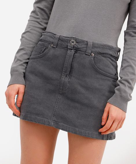 short saia feminino jeans cintura alta cinza