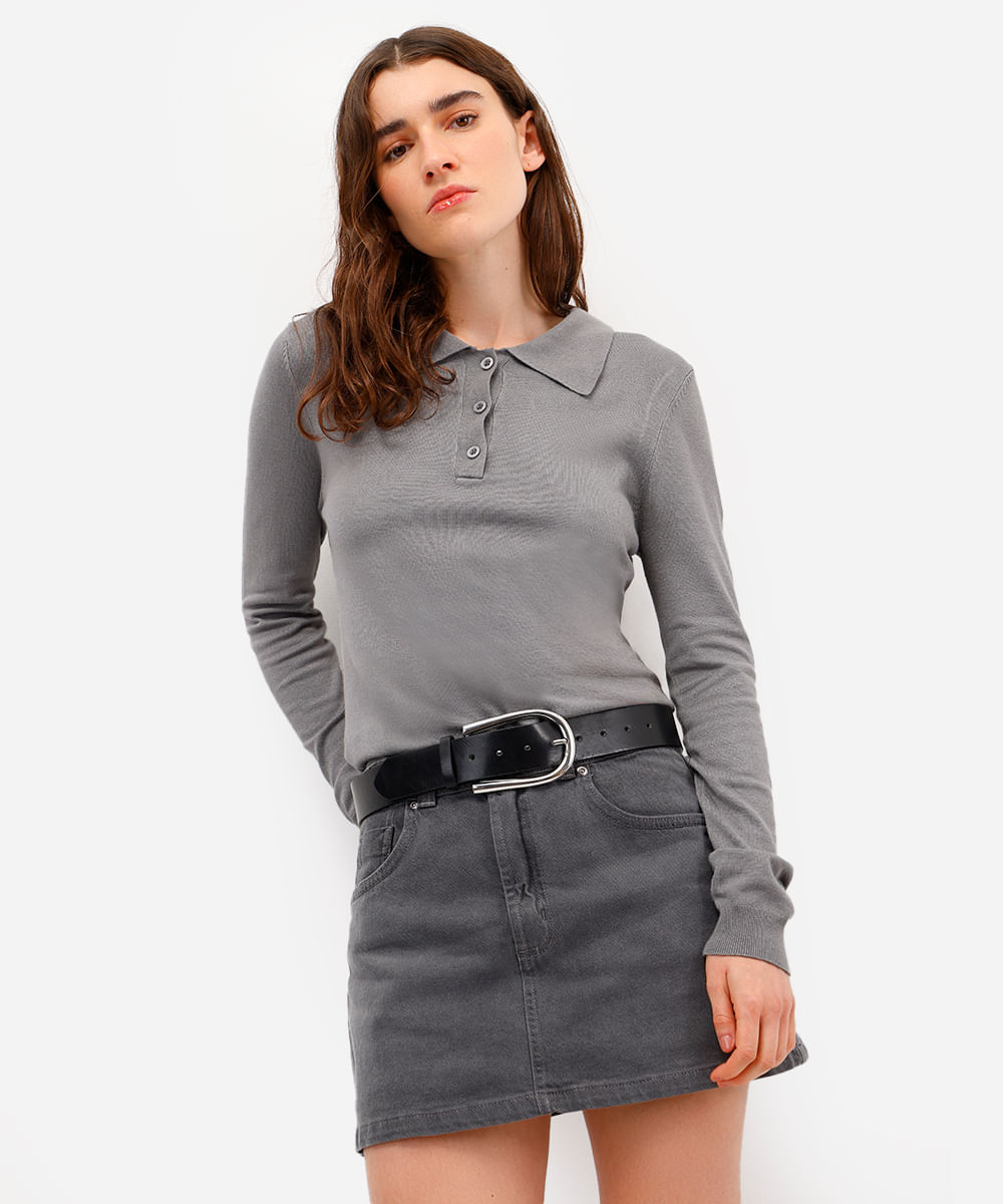 short saia feminino jeans cintura alta cinza