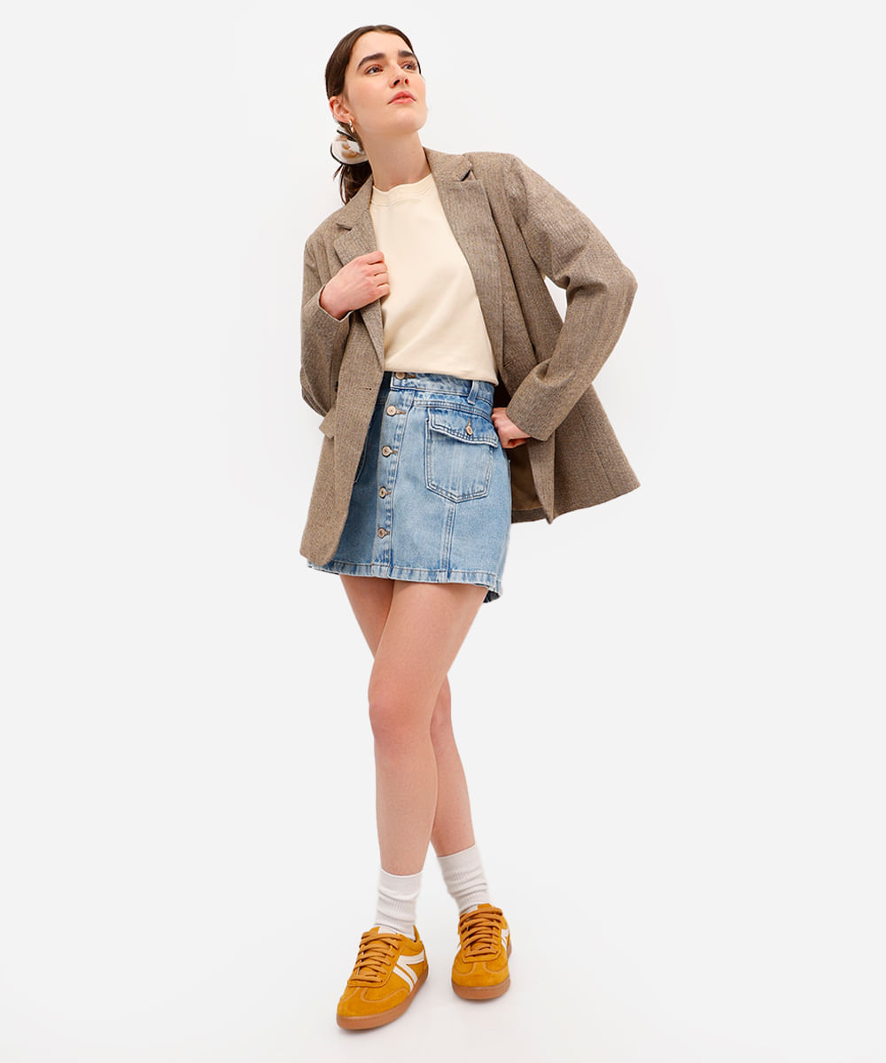 short saia feminino jeans cintura alta azul