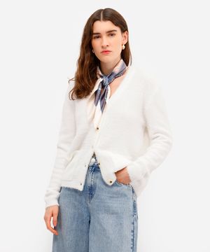 cardigan feminino de tricot com bolsos texturizado off white